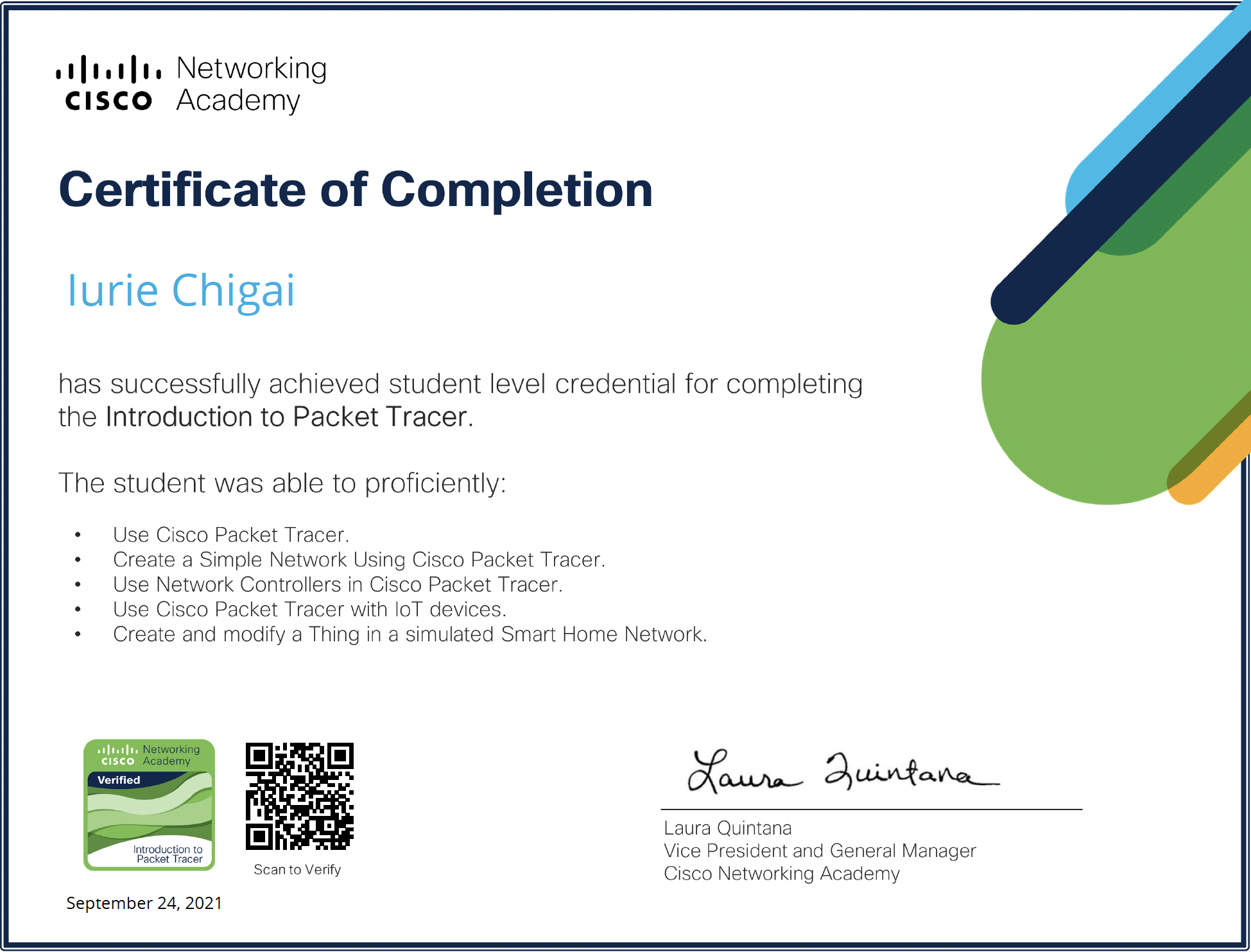 Certificate of complition for Packet Tracer, issue by Cisco Network Academy